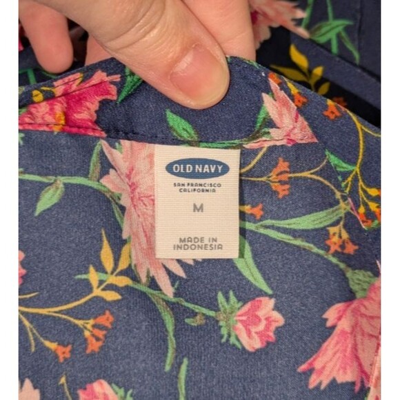 Old Navy Dress M Women's Blue Floral Long Sleeve Tie Neck Satin Shift - Picture 7 of 7